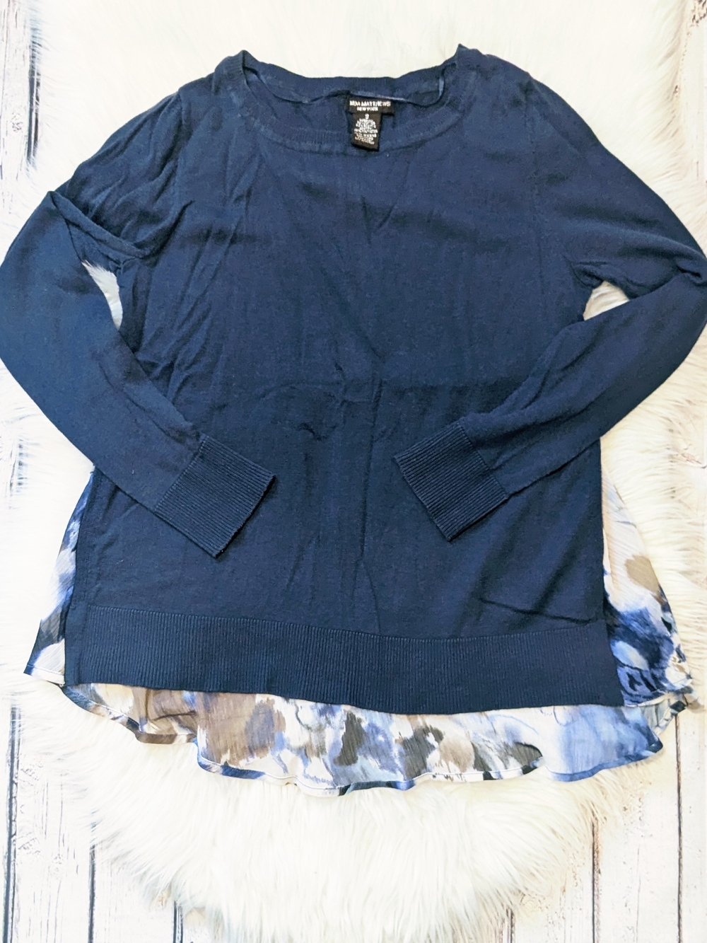 Women’s Navy Layered Hem Pullover Sweater with Printed Ruffle